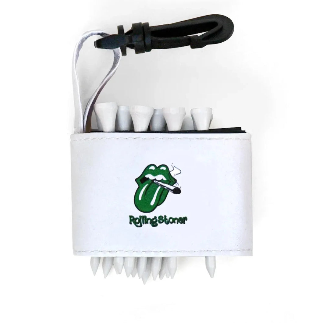 Golf tee holder with 'ROLLING STONER' text on a white background