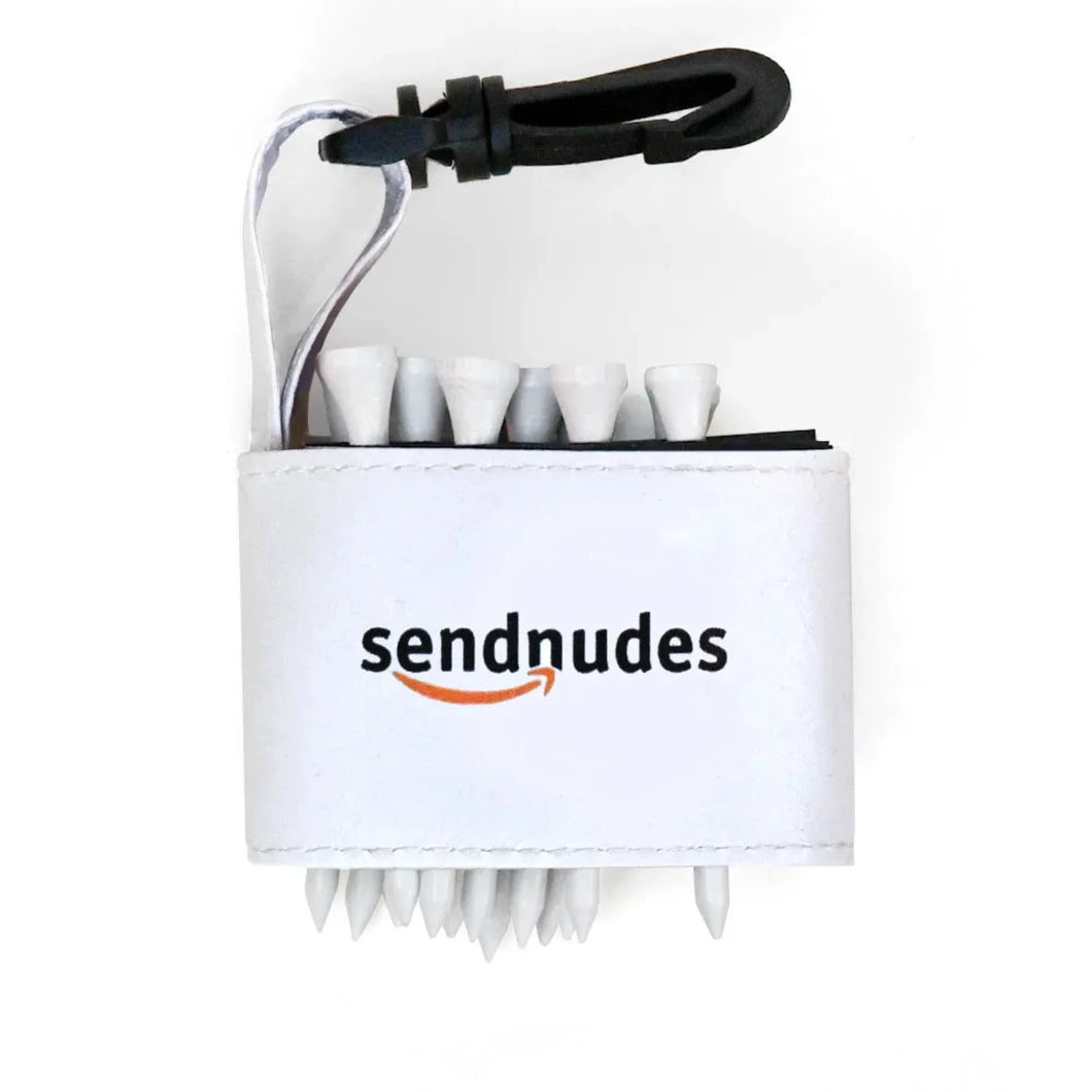 Golf tee holder with 'SEND NUDES' text on a white background 