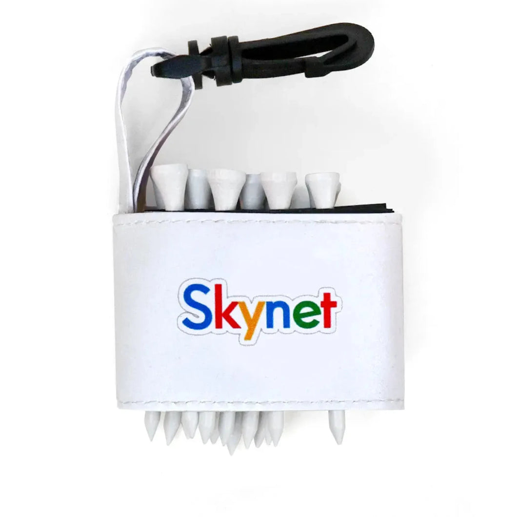 Golf tee holder with 'SKYNET' text on a white background 