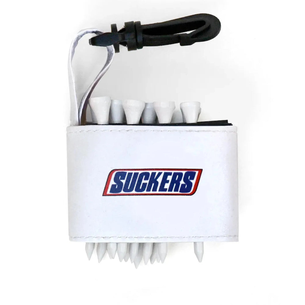Golf tee holder with 'SUCKERS' text on a white background 