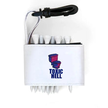 Golf tee holder with 'TOXIC HELL' text on a white background