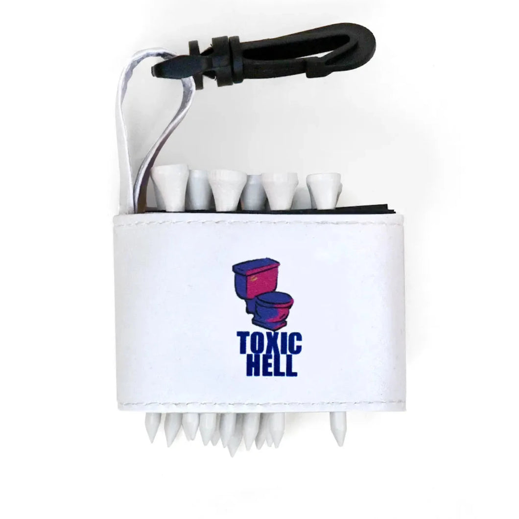 Golf tee holder with 'TOXIC HELL' text on a white background 