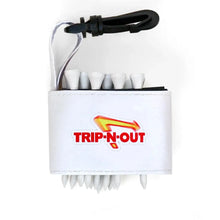 Golf tee holder with 'TRIP-N-OUT' text on a white background