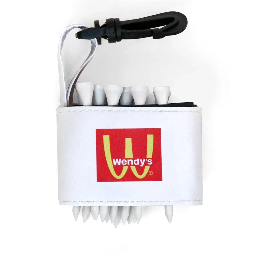 Golf tee holder with 'WENDY'S' text on a white background 
