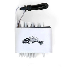 Golf tee holder with 'SMILEY FISH SKELETON' text on a white background