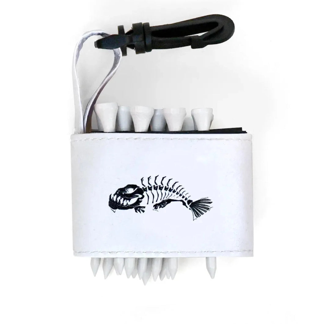Golf tee holder with 'SMILEY FISH SKELETON' text on a white background 