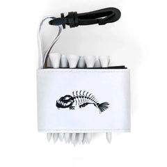 Golf tee holder with 'SMILEY FISH SKELETON' text on a white background