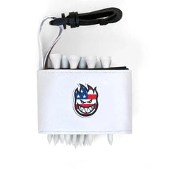 Golf tee holder with 'FLAME WITH AMERICAN FLAG' text on a white background