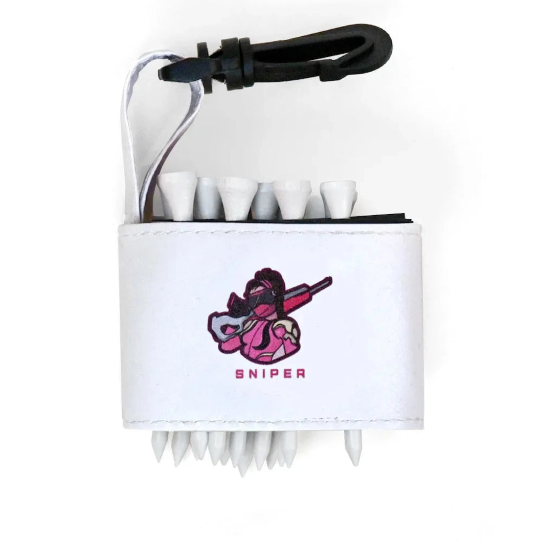 Golf tee holder with 'FEMALE SNIPER PINK' text on a white background 