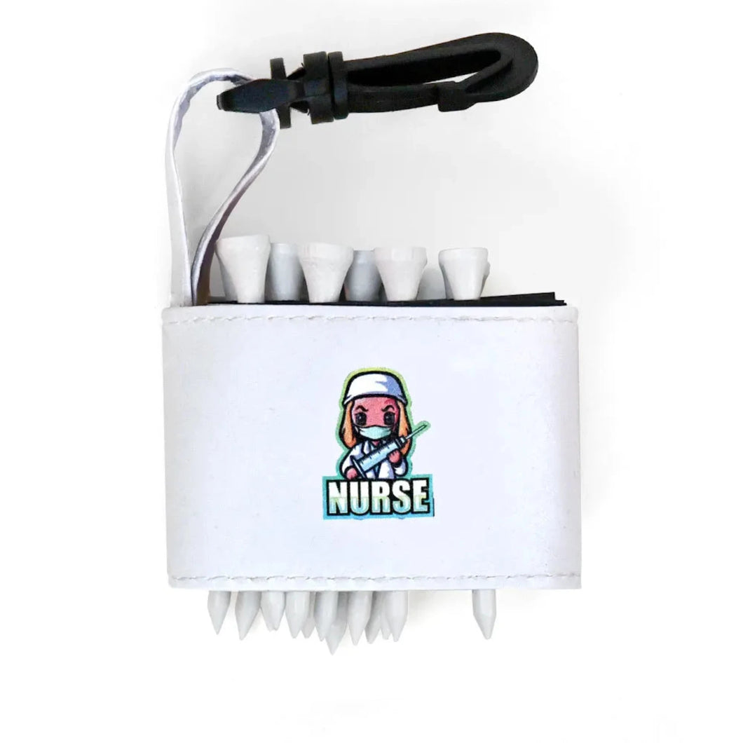 Golf tee holder with 'NURSE WITH NEEDLE' text on a white background 