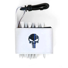 Golf tee holder with 'SKULL WITH BLUE LIVES MATTER FLAG' text on a white background
