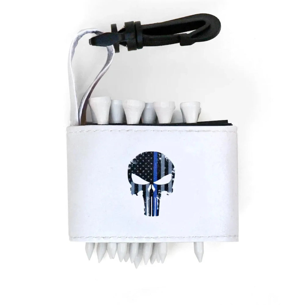 Golf tee holder with 'SKULL WITH BLUE LIVES MATTER FLAG' text on a white background 