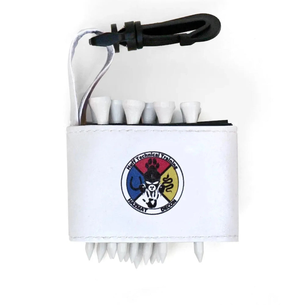 Golf tee holder with 'HAZMAT DECON' text on a white background 