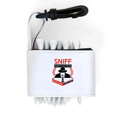 Golf tee holder with 'SNIFF PACKETS NOT DRUGS' text on a white background