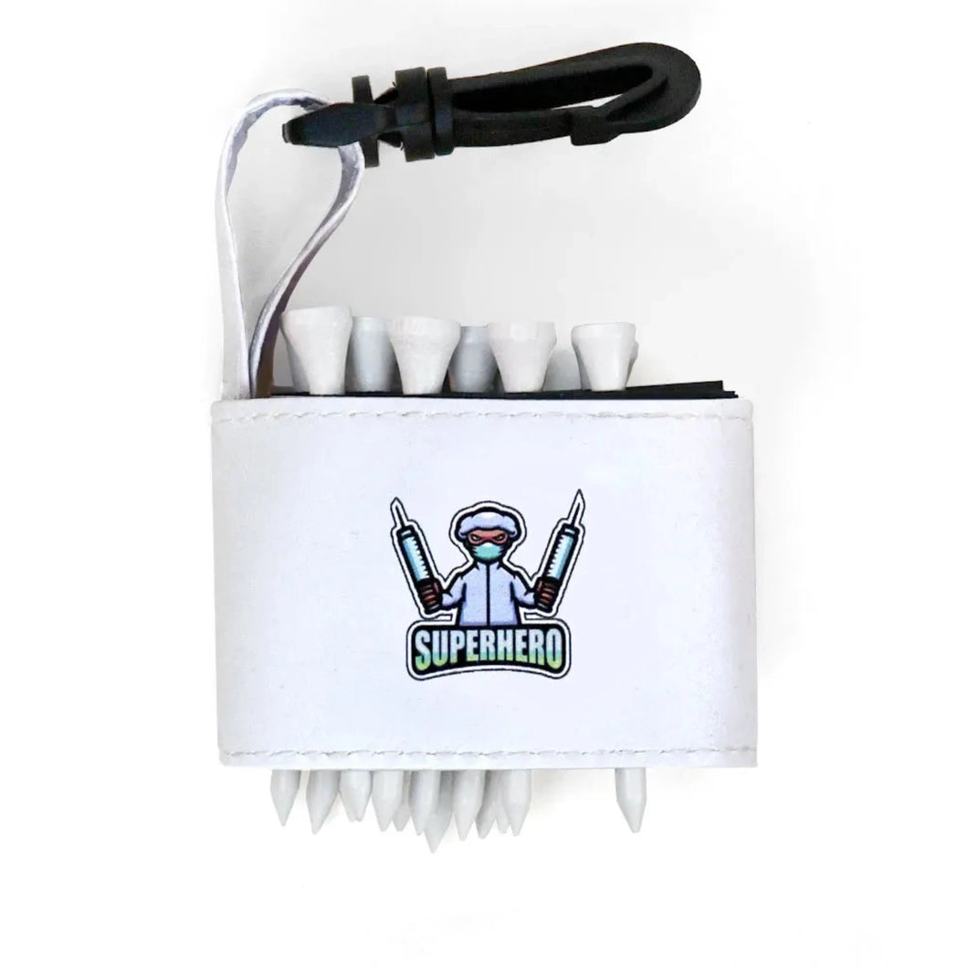 Golf tee holder with 'SUPER HERO DOCTOR WITH NEEDLES' text on a white background 