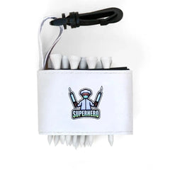 Golf tee holder with 'SUPER HERO DOCTOR WITH NEEDLES' text on a white background