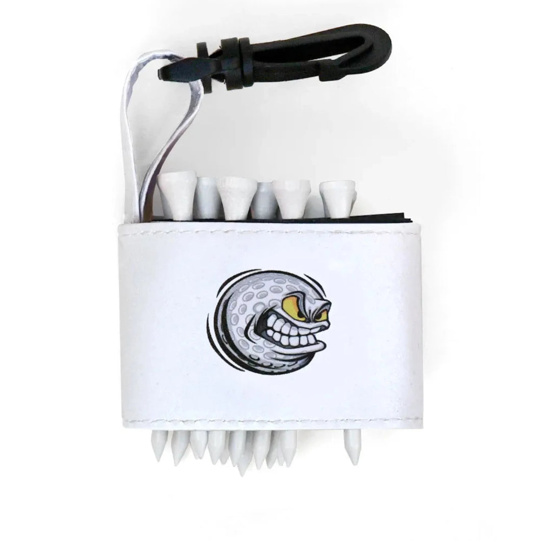 Golf tee holder with 'GOLF BALL WITH FACE' text on a white background 