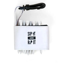 Golf tee holder with 'SIP IT AND RIP IT' text on a white background
