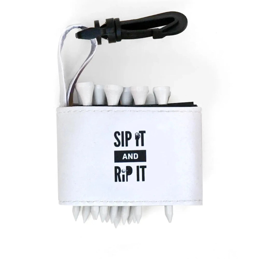 Golf tee holder with 'SIP IT AND RIP IT' text on a white background 
