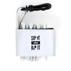 Golf tee holder with 'SIP IT AND RIP IT' text on a white background