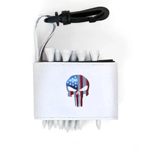 Golf tee holder with 'SKULL AMERICAN FLAG' text on a white background