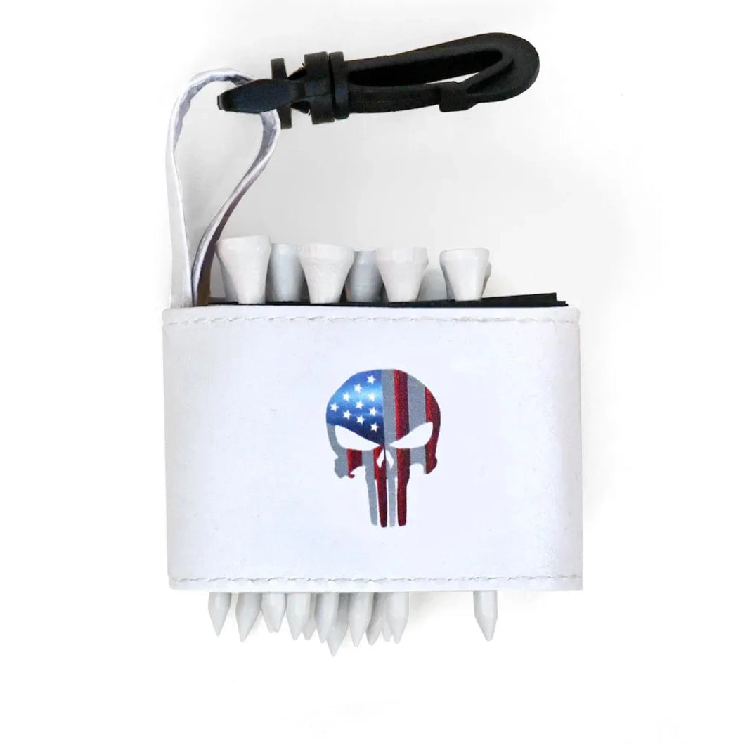 Golf tee holder with 'SKULL AMERICAN FLAG' text on a white background 