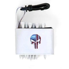 Golf tee holder with 'SKULL AMERICAN FLAG' text on a white background