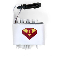 Golf tee holder with 'SUPER DAD' text on a white background