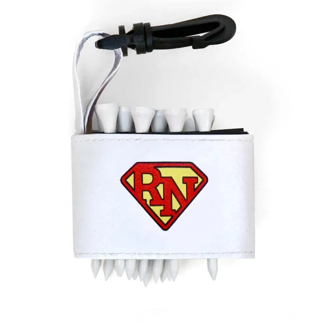 Golf tee holder with 'SUPER RN' text on a white background 