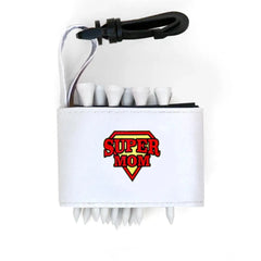 Golf tee holder with 'SUPER MOM' text on a white background