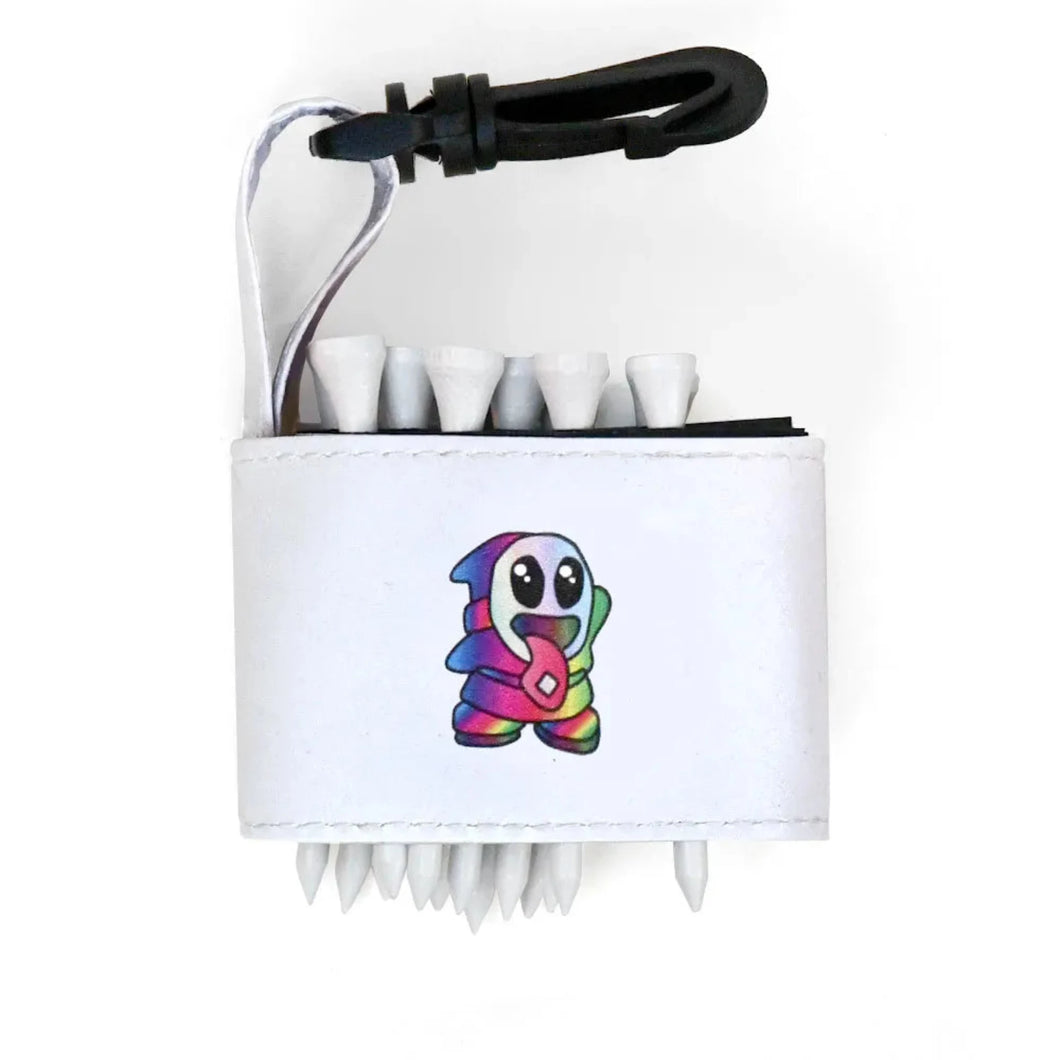 Golf tee holder with 'MINI ACID MAN' text on a white background 