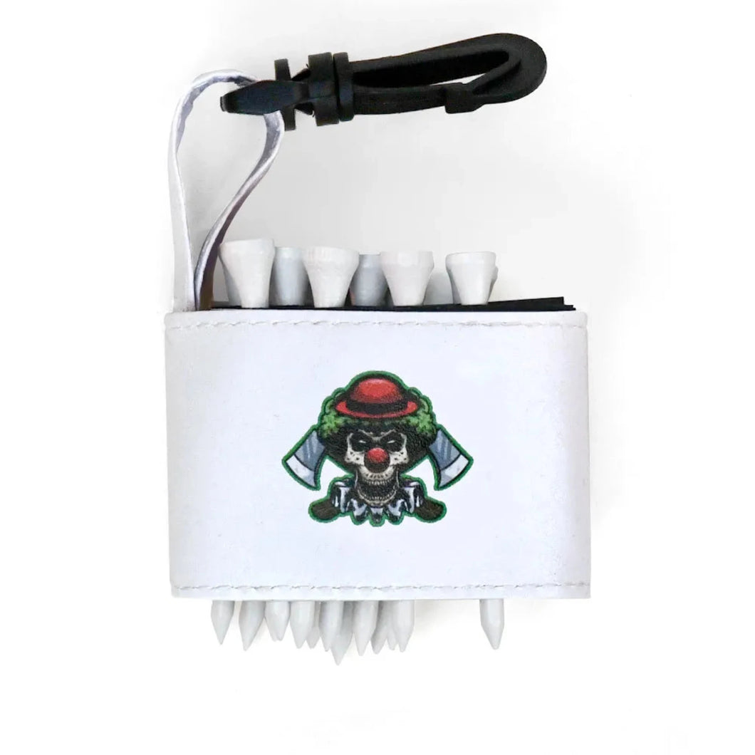 Golf tee holder with 'CLOWN WITH AXES' text on a white background 