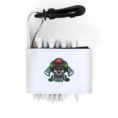 Golf tee holder with 'CLOWN WITH AXES' text on a white background