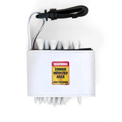 Golf tee holder with 'WARNING ZOBIE INFECTED AREA' text on a white background
