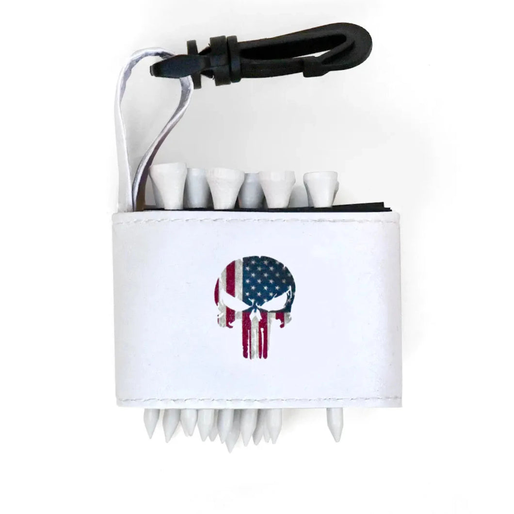 Golf tee holder with 'SKULL WITH AMERICAN FLAG' text on a white background 
