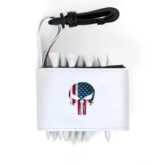 Golf tee holder with 'SKULL WITH AMERICAN FLAG' text on a white background
