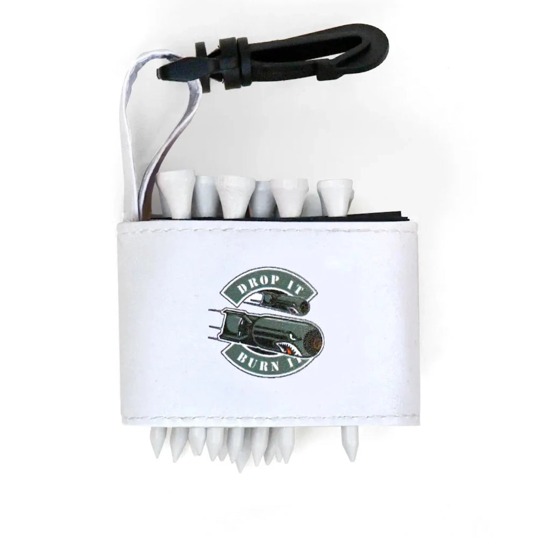Golf tee holder with 'DROP IT BURN IT' text on a white background 