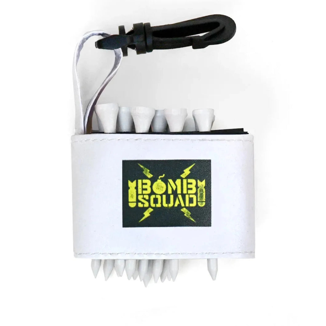 Golf tee holder with 'BOMB SQUAD' text on a white background 