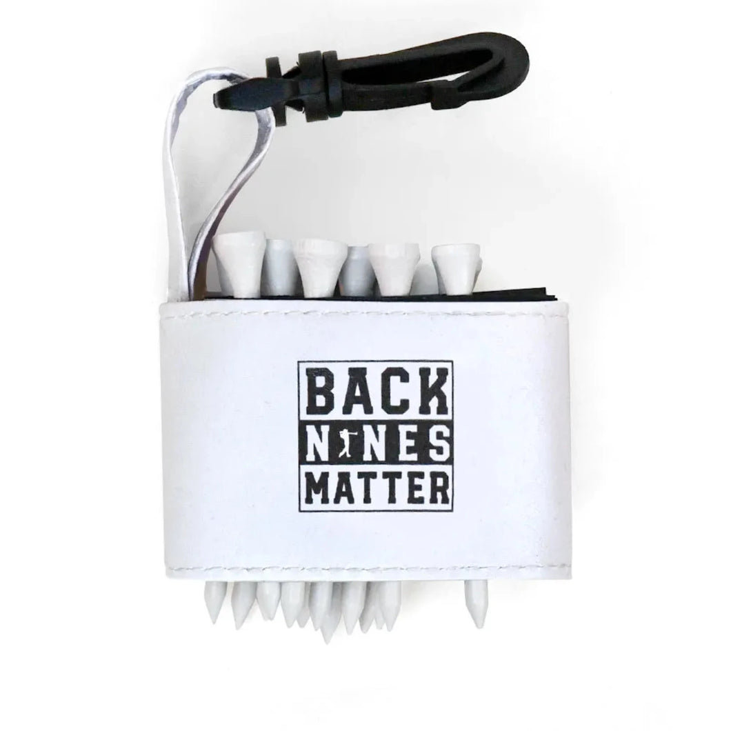 Golf tee holder with 'BACK NINES MATTER' text on a white background 