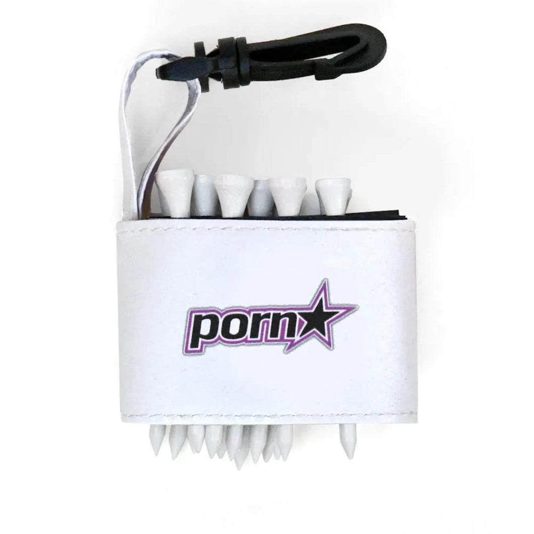 Golf tee holder with 'PORN' text on a white background 
