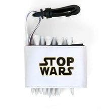 Golf tee holder with 'STOP WARS' text on a white background