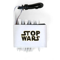 Golf tee holder with 'STOP WARS' text on a white background