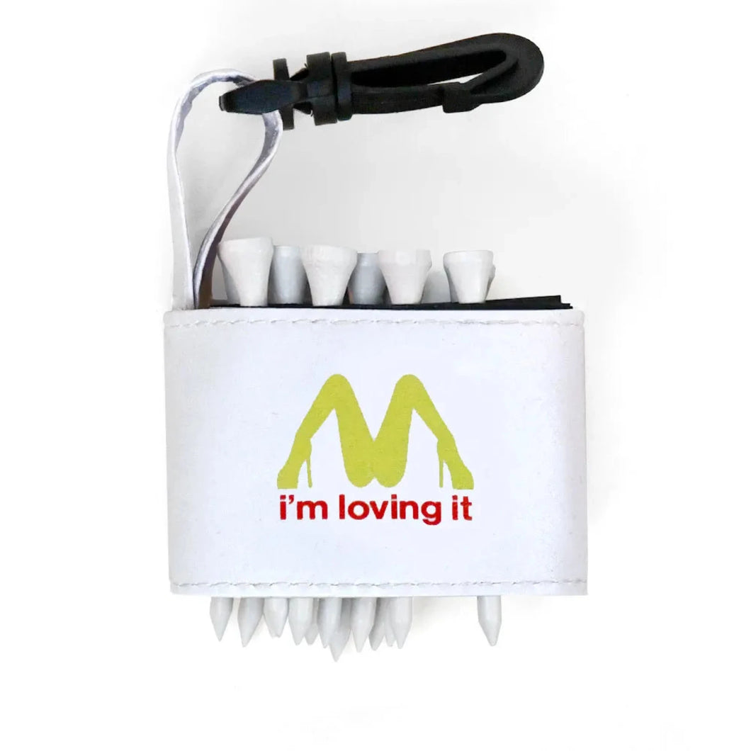 Golf tee holder with 'I'M LOVING IT' text on a white background 