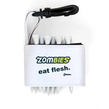 Golf tee holder with 'Zombies eat flesh' text on a white background