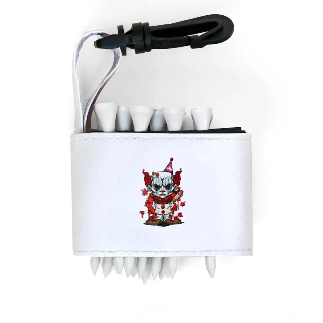 Golf tee holder with 'BABY CLOWN' text on a white background 